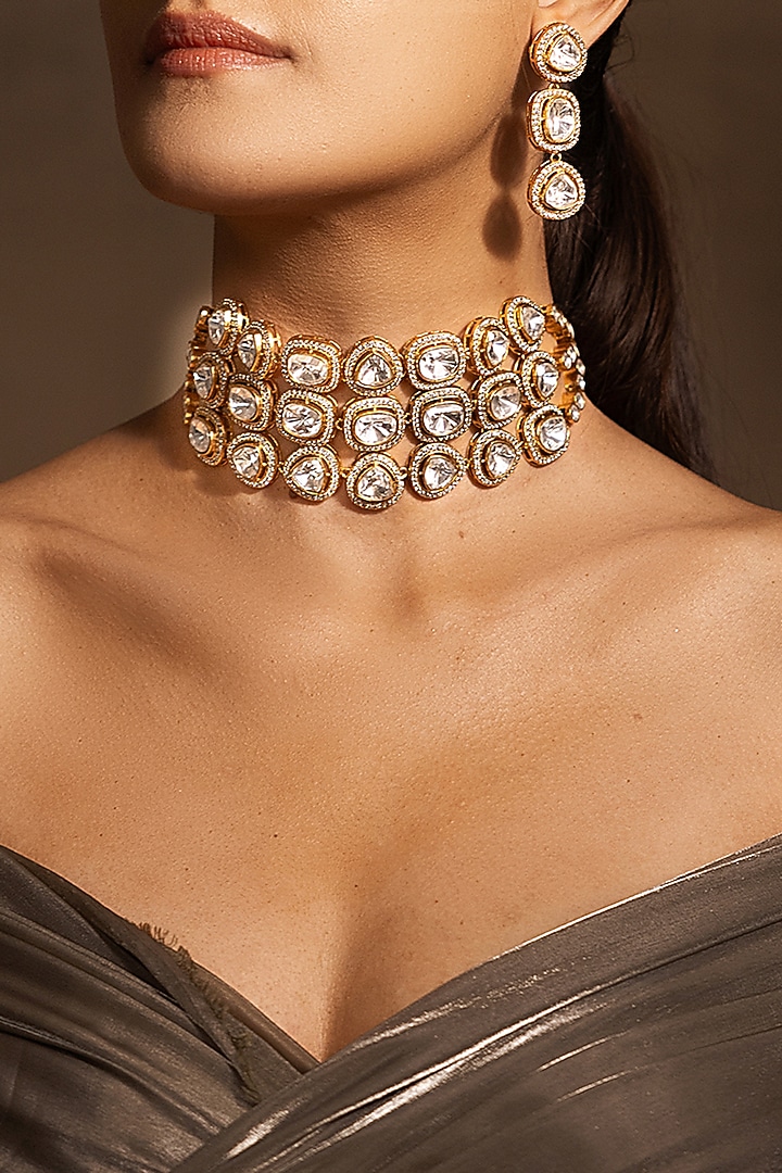 Yellow Gold Finish Pearl Choker Necklace Set by Joules By Radhika at Pernia's Pop Up Shop