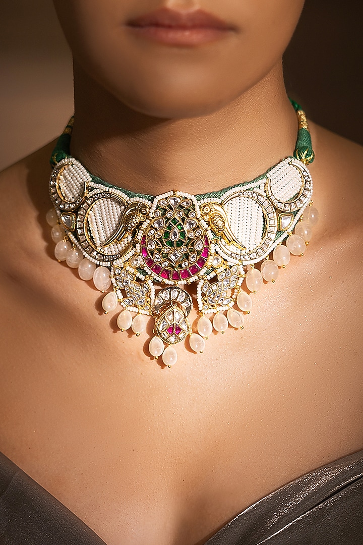 Yellow Gold Finish Multi-Colored Stone Choker Necklace by Joules By Radhika at Pernia's Pop Up Shop