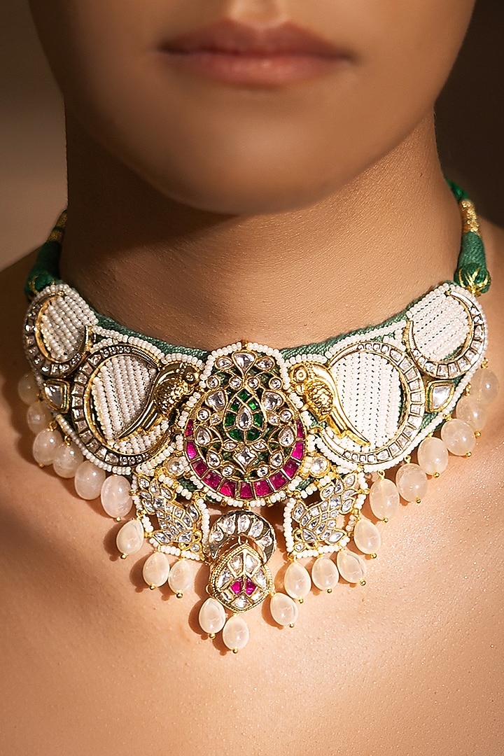 Yellow Gold Finish Multi-Colored Stone Choker Necklace by Joules By Radhika at Pernia's Pop Up Shop