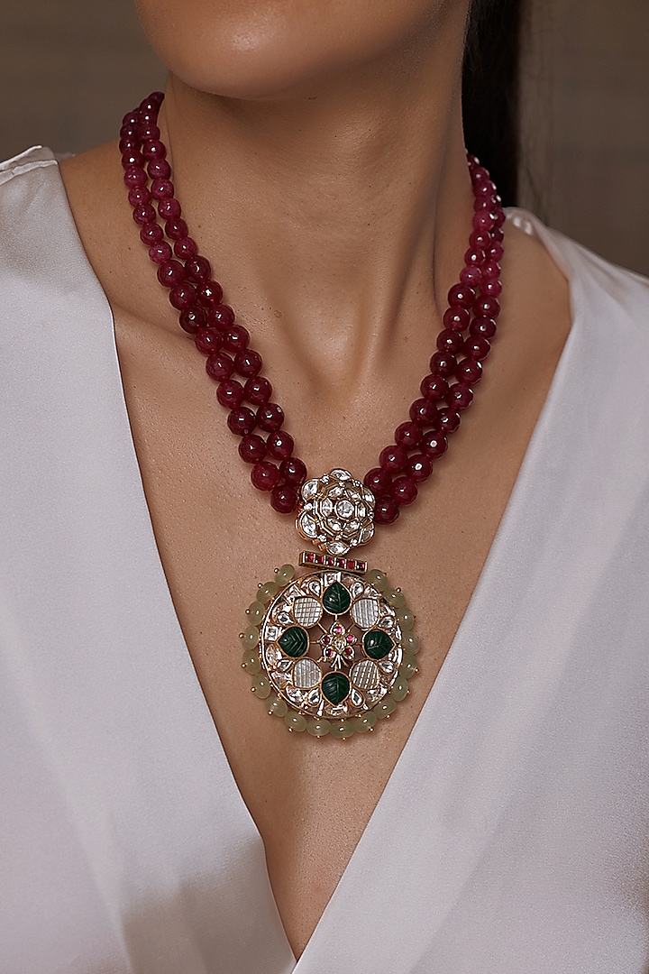 Gold Finish Maroon Beaded Pendant Necklace by Joules By Radhika at Pernia's Pop Up Shop