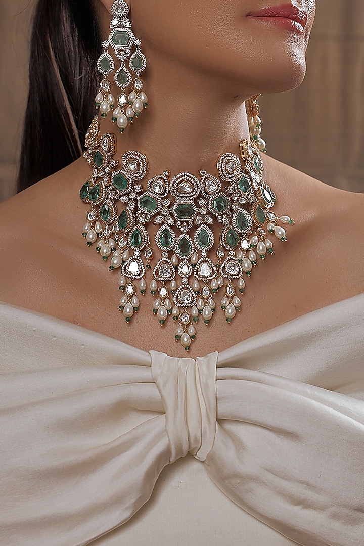 Yellow Gold Finish Pearl & Green Stone Necklace Set by Joules By Radhika at Pernia's Pop Up Shop