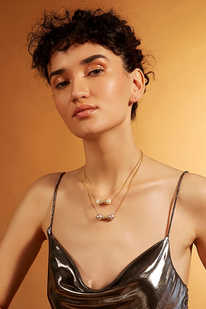 Gold Finish Pearl Layered Chain Necklace by Joules By Radhika at Pernia's Pop Up Shop