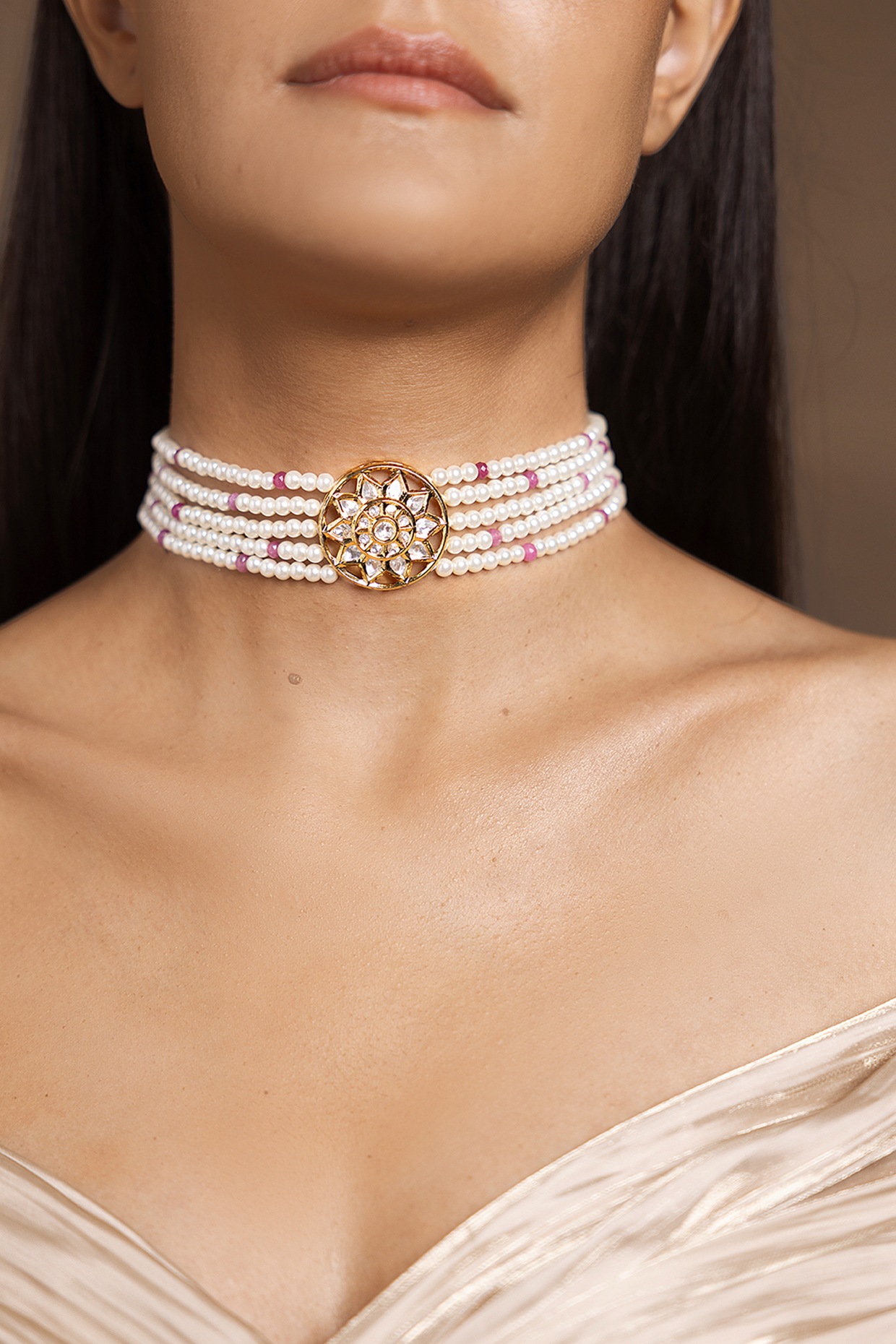Gold Choker Set White Beaded Choker Necklace Gold -Plated White