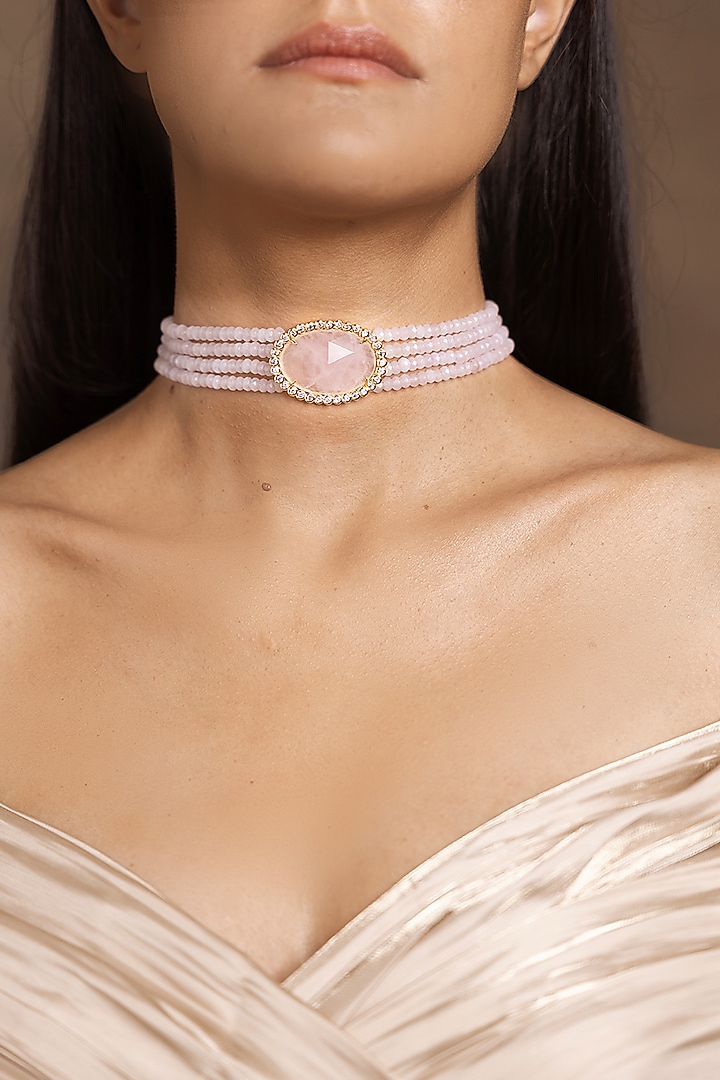 Gold Finish Pink Beaded Choker Necklace by Joules By Radhika at Pernia's Pop Up Shop