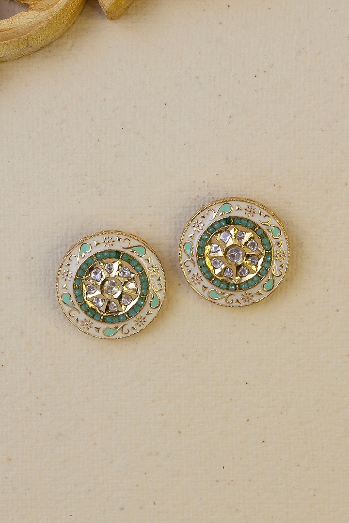 Gold Finish Kundan Polki Stud Earrings by Joules By Radhika at Pernia's Pop Up Shop