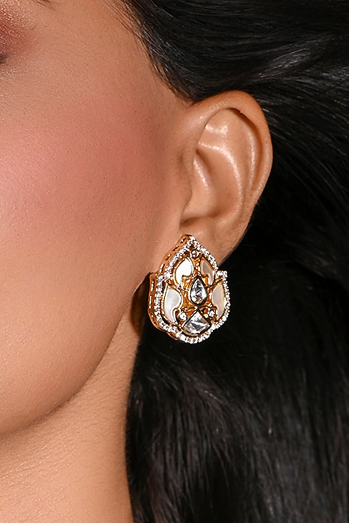 Gold Finish Kundan Polki Stud Earrings by Joules By Radhika at Pernia's Pop Up Shop