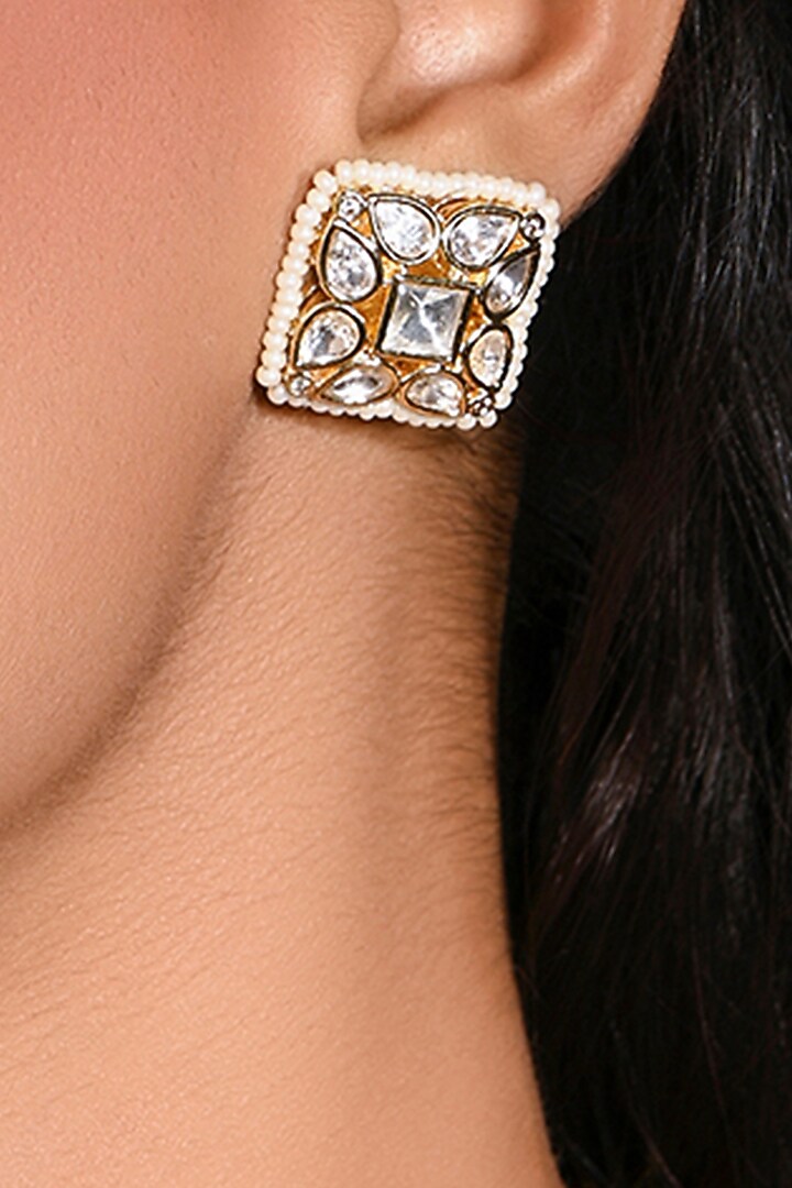 Gold Finish Kundan Polki Stud Earrings by Joules By Radhika at Pernia's Pop Up Shop