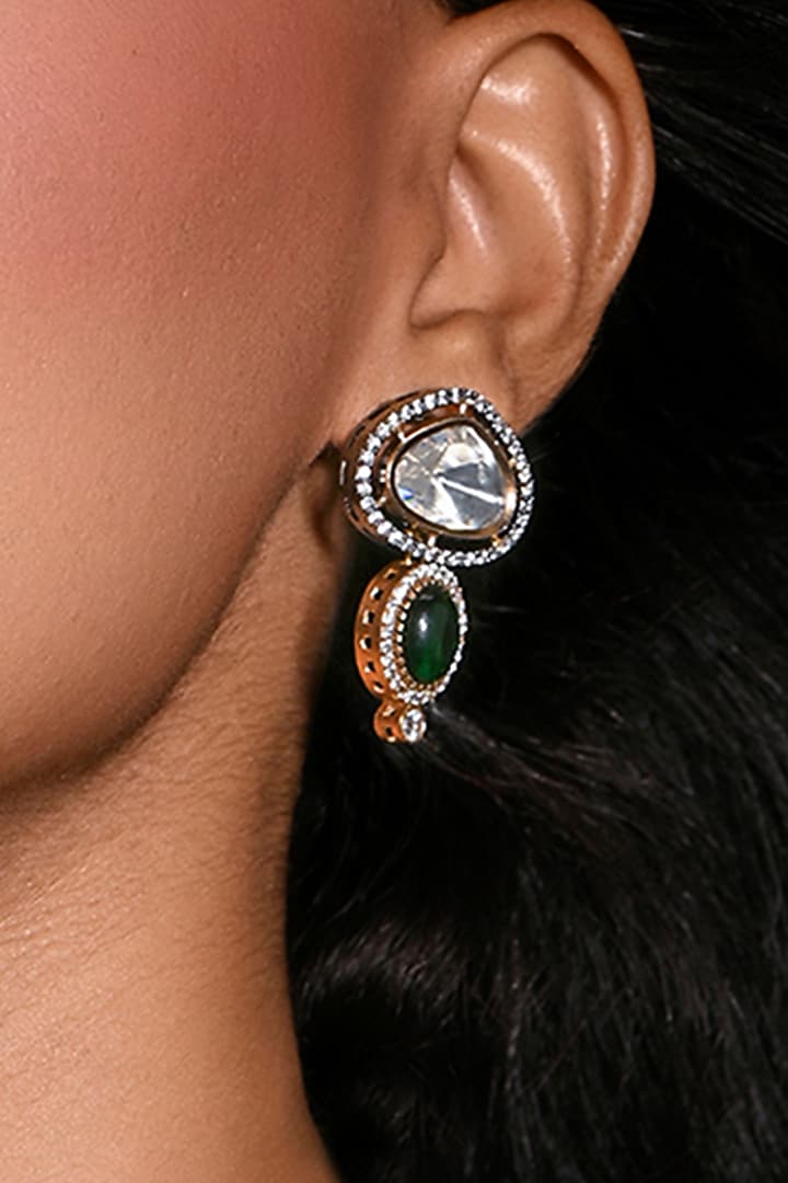 Gold Finish Green Stone Dangler Earrings by Joules By Radhika at Pernia's Pop Up Shop