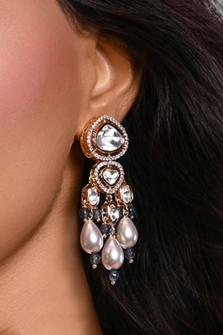 Gold Finish Kundan Polki Dangler Earrings by Joules By Radhika at Pernia's Pop Up Shop