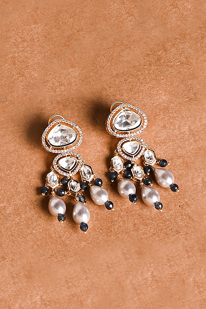 Gold Finish Kundan Polki Dangler Earrings by Joules By Radhika at Pernia's Pop Up Shop