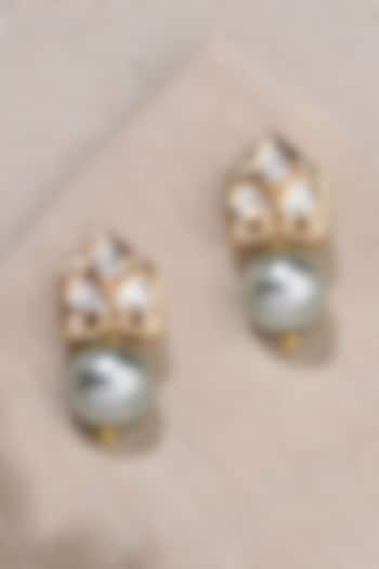 Gold Finish Light Green Pearl Dangler Earrings by Joules By Radhika at Pernia's Pop Up Shop