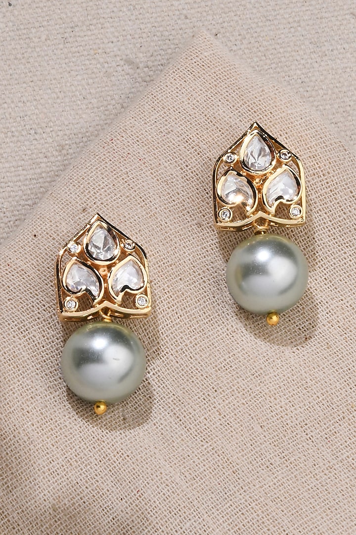 Gold Finish Light Green Pearl Dangler Earrings by Joules By Radhika at Pernia's Pop Up Shop