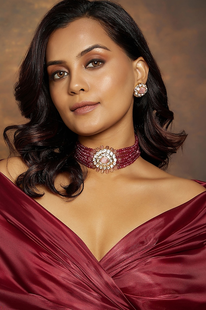 Gold Finish Pink Kundan Polki Stud Earrings by Joules By Radhika at Pernia's Pop Up Shop