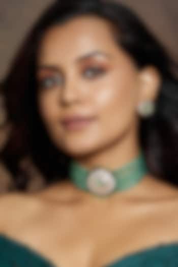 Gold Finish Green Agate & Kundan Polki Stud Earrings by Joules By Radhika at Pernia's Pop Up Shop