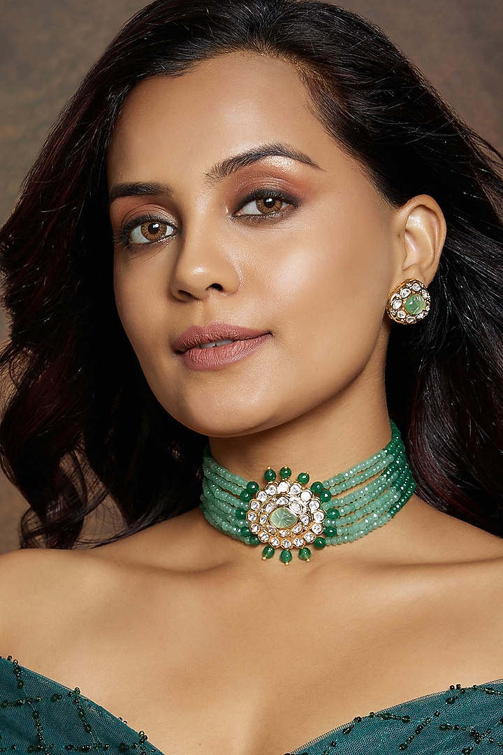 Gold Finish Green Agate & Kundan Polki Stud Earrings by Joules By Radhika at Pernia's Pop Up Shop
