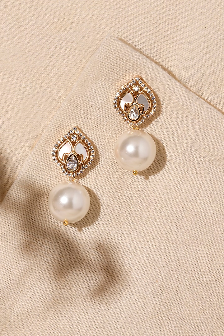 Gold Finish White Zircon & Diamond Dangler Earrings by Joules By Radhika at Pernia's Pop Up Shop
