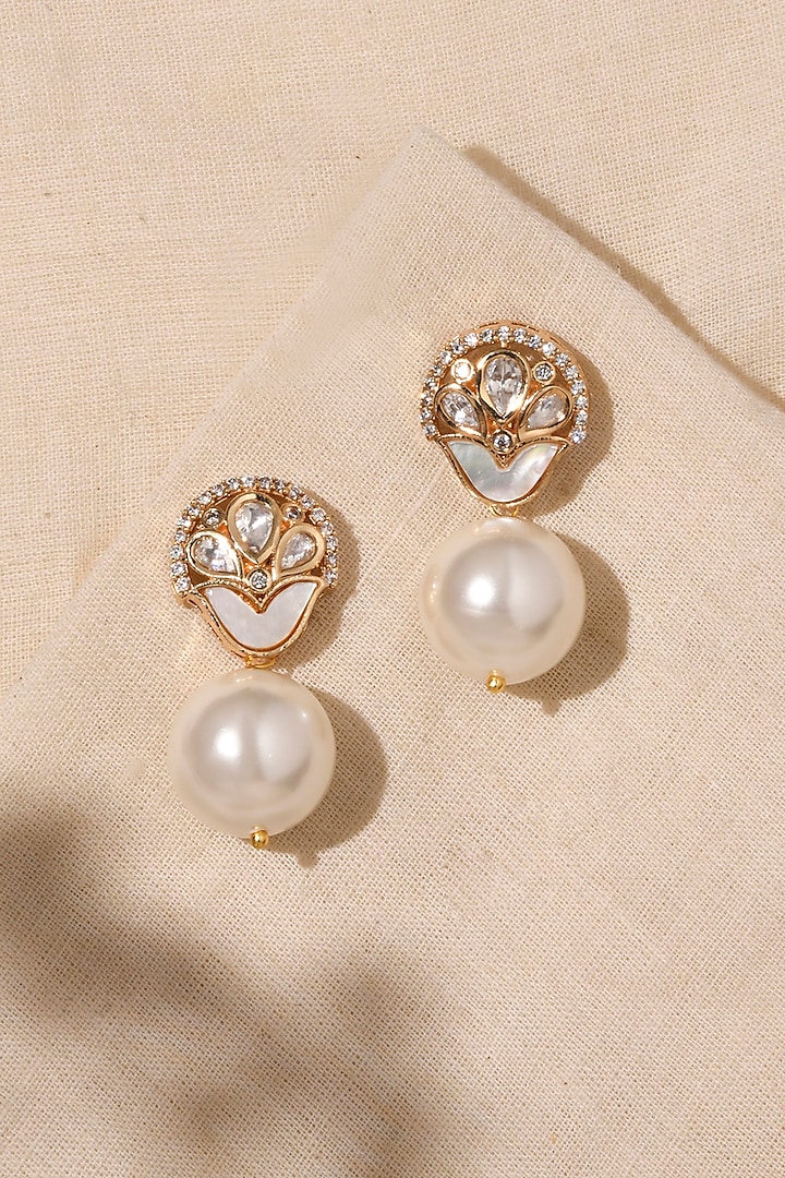 Gold Finish Crystal & Pearl Drop Dangler Earrings by Joules By Radhika at Pernia's Pop Up Shop