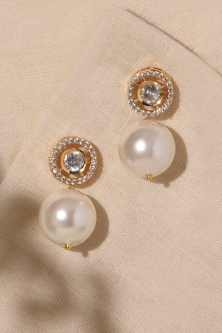 Gold Finish Kundan Polki & Pearl Drop Dangler Earrings by Joules By Radhika at Pernia's Pop Up Shop