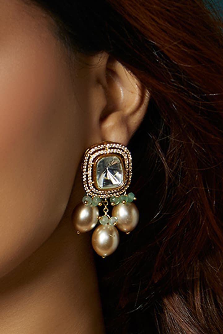 Gold Finish Kundan Polki Dangler Earrings by Joules By Radhika at Pernia's Pop Up Shop