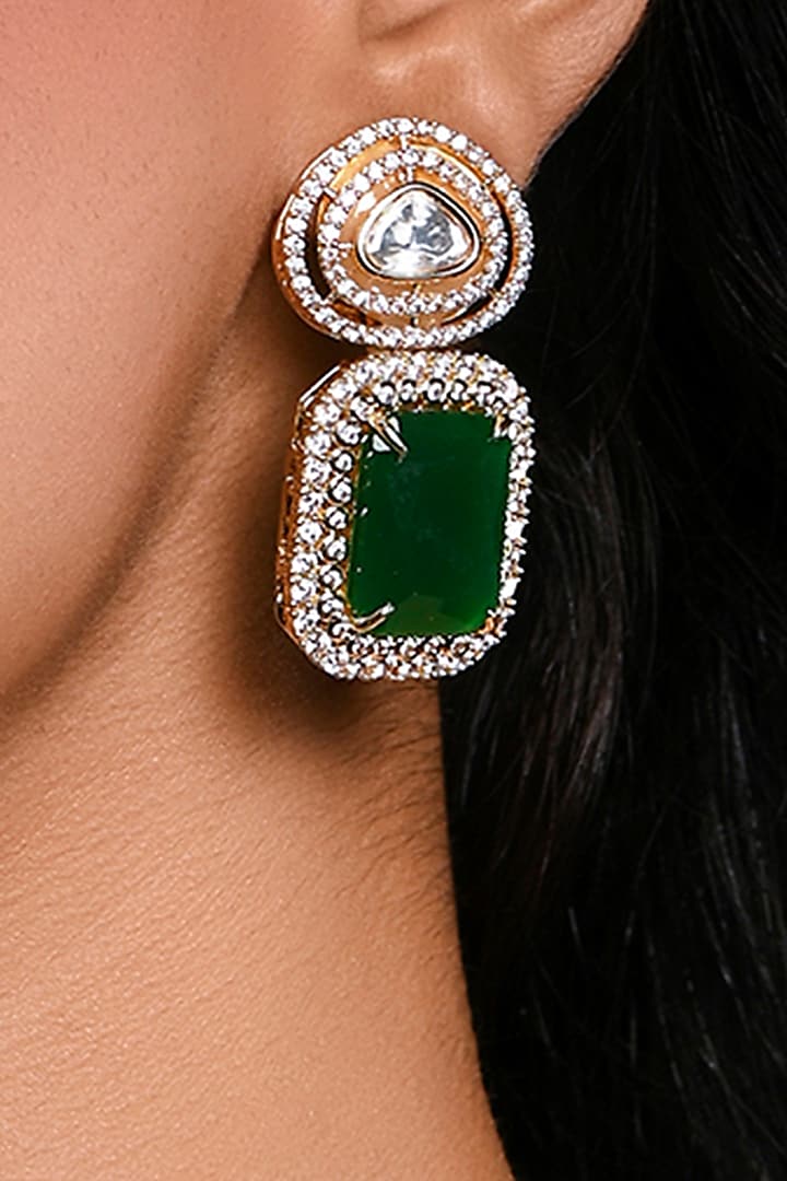 Gold Finish Green Kundan Polki Dangler Earrings by Joules By Radhika at Pernia's Pop Up Shop