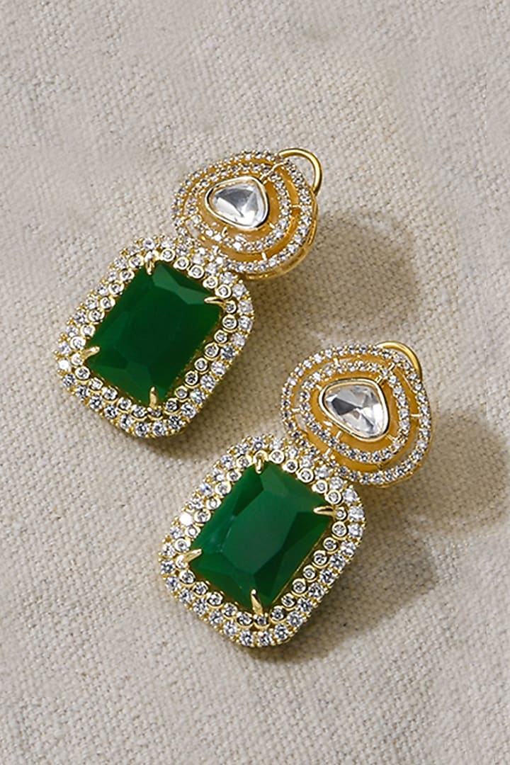 Gold Finish Green Kundan Polki Dangler Earrings by Joules By Radhika at Pernia's Pop Up Shop