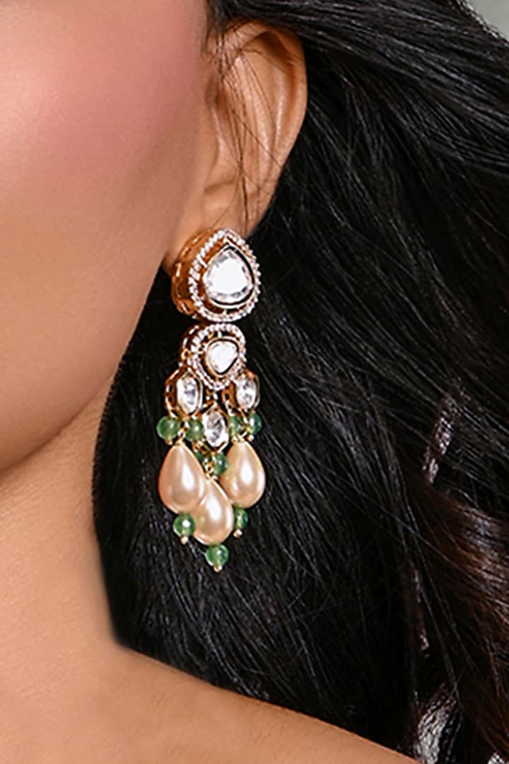 Gold Finish Multi-Colored Kundan Polki Dangler Earrings by Joules By Radhika at Pernia's Pop Up Shop