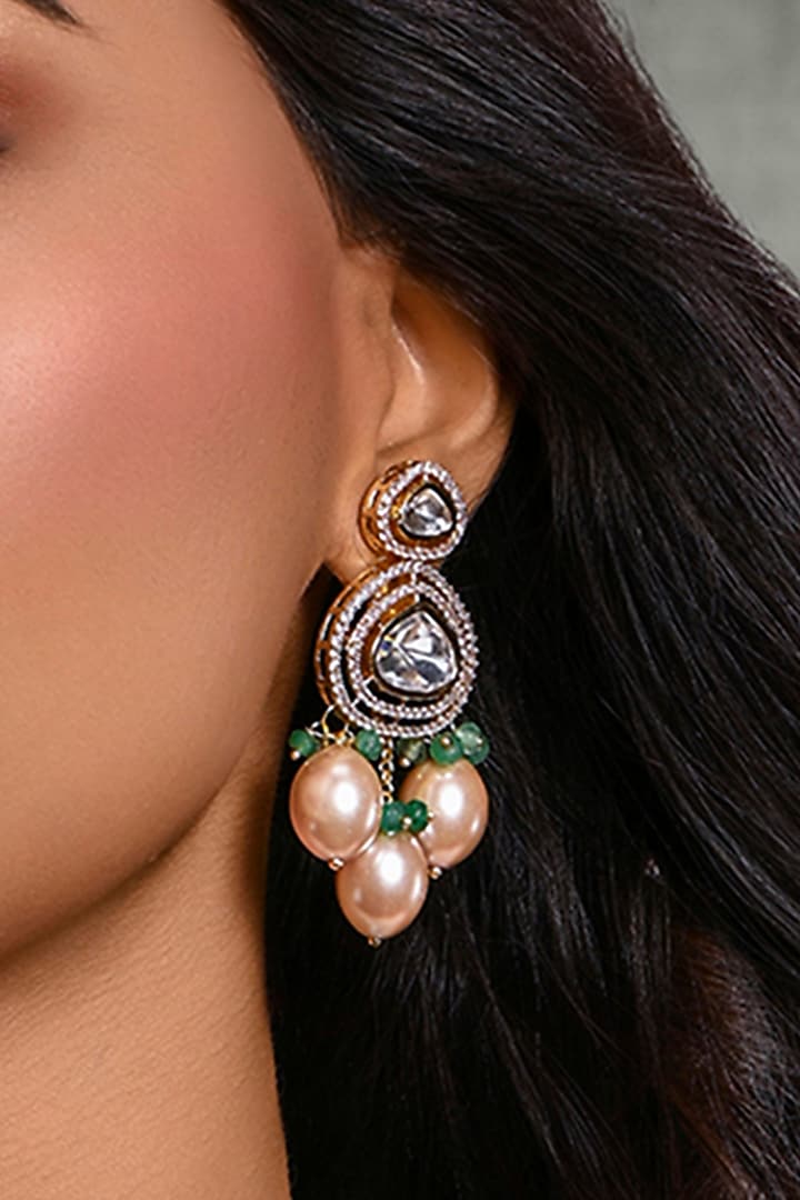 Gold Finish Multi-Colored Kundan Polki Dangler Earrings by Joules By Radhika at Pernia's Pop Up Shop