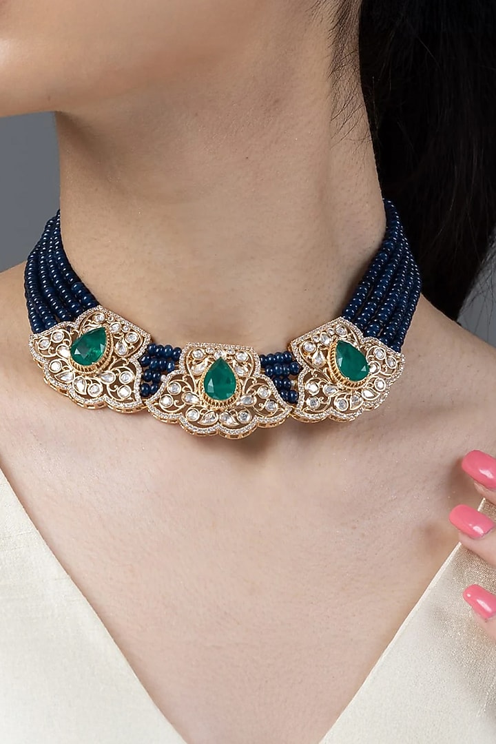 Gold Finish Green Stone & Black Beaded Necklace by Joules By Radhika at Pernia's Pop Up Shop