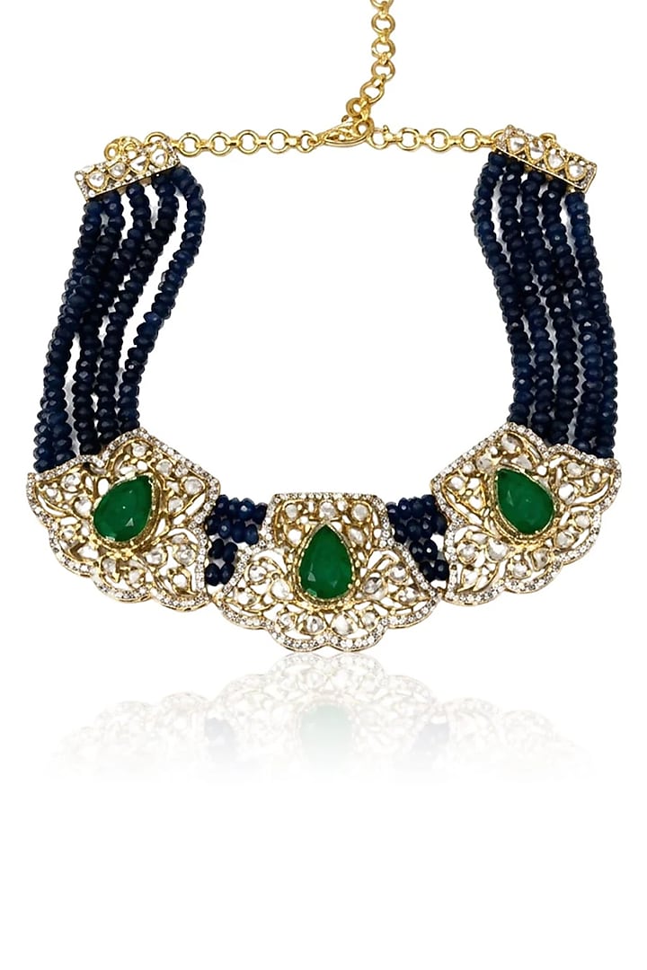 Gold Finish Green Stone & Black Beaded Necklace by Joules By Radhika at Pernia's Pop Up Shop