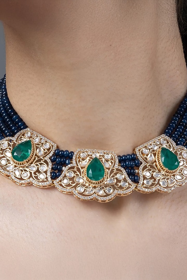Gold Finish Green Stone & Black Beaded Necklace by Joules By Radhika at Pernia's Pop Up Shop