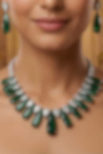 White Finish Diamond & Emerald Stone Necklace Set by Joules By Radhika at Pernia's Pop Up Shop