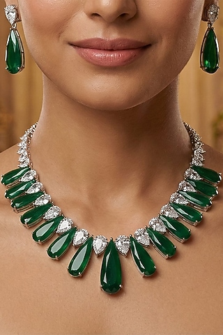 White Finish Diamond & Emerald Stone Necklace Set by Joules By Radhika