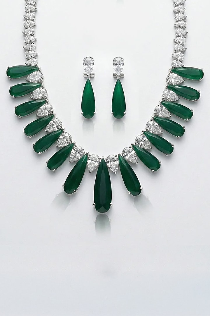 White Finish Diamond & Emerald Stone Necklace Set by Joules By Radhika at Pernia's Pop Up Shop