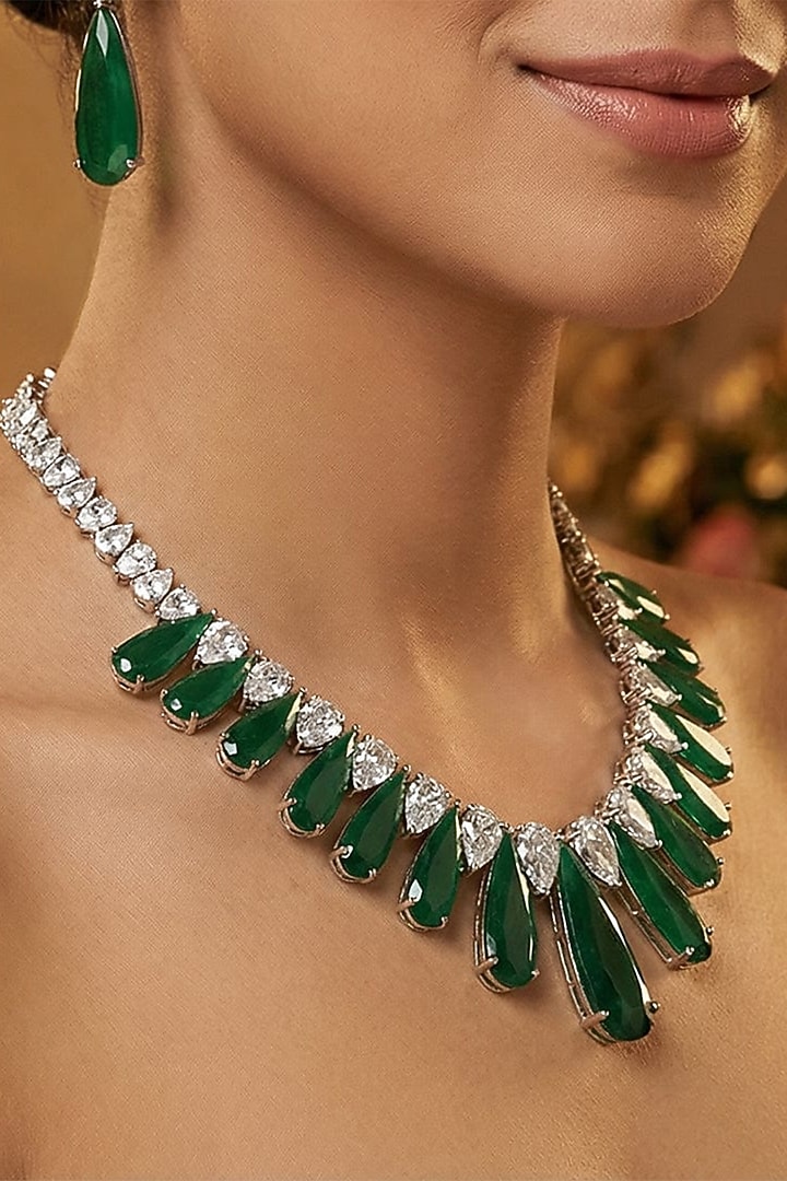 White Finish Diamond & Emerald Stone Necklace Set by Joules By Radhika at Pernia's Pop Up Shop