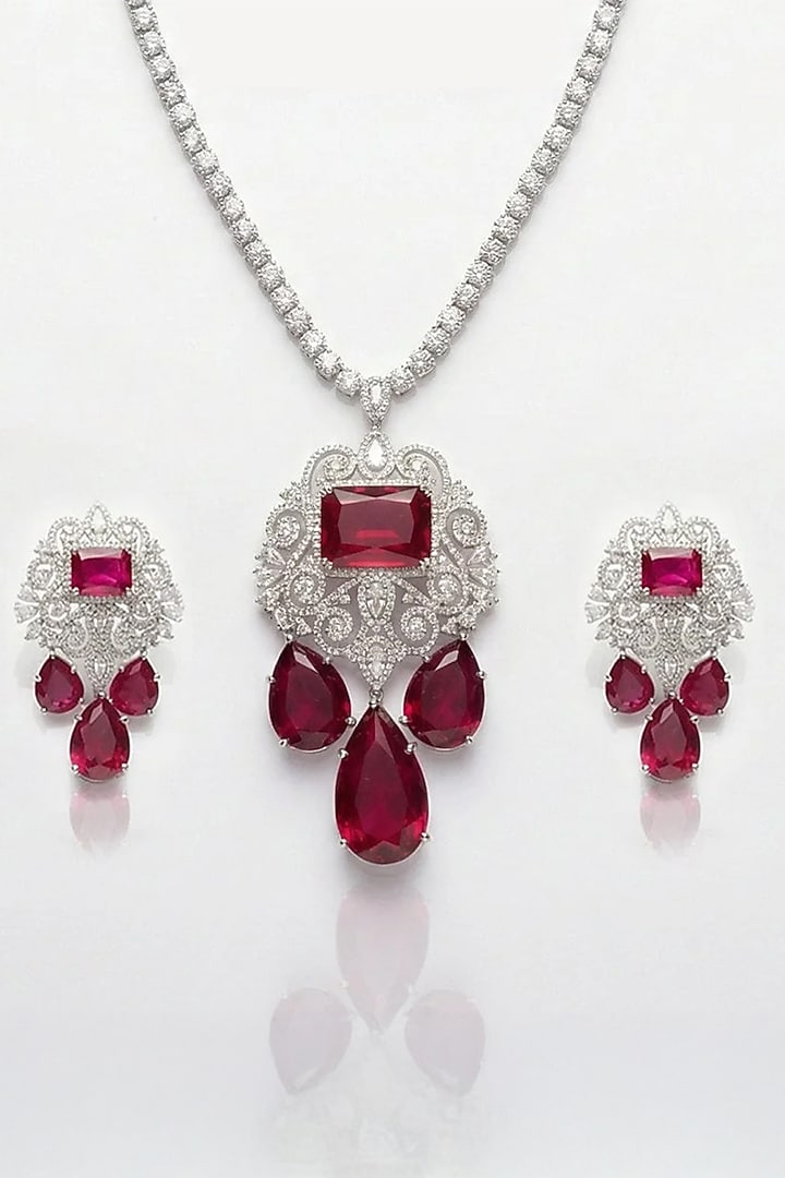 White Finish Diamond & Ruby Stone Necklace Set by Joules By Radhika at Pernia's Pop Up Shop