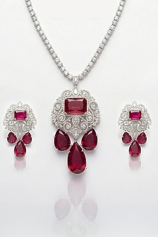 White Finish Diamond & Ruby Stone Necklace Set by Joules By Radhika