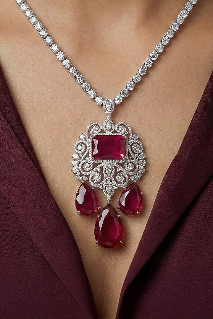 White Finish Diamond & Ruby Stone Necklace Set by Joules By Radhika at Pernia's Pop Up Shop