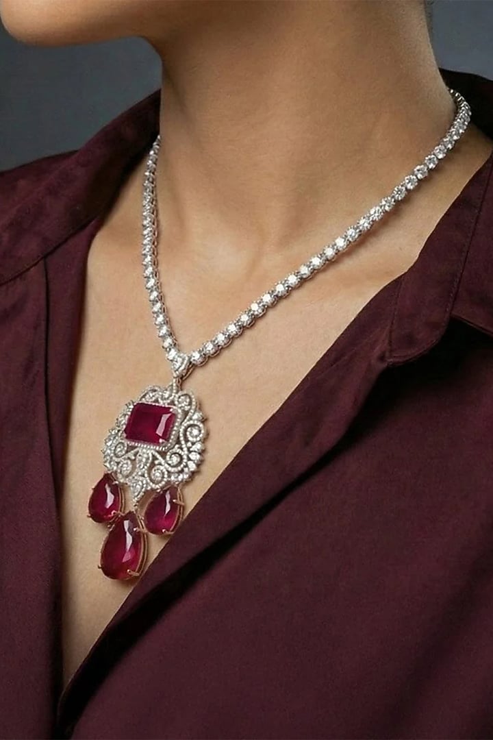 White Finish Diamond & Ruby Stone Necklace Set by Joules By Radhika at Pernia's Pop Up Shop