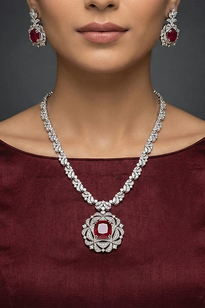 White Finish Diamond & Ruby Stone Necklace Set by Joules By Radhika at Pernia's Pop Up Shop
