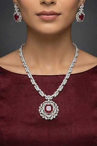 White Finish Diamond & Ruby Stone Necklace Set by Joules By Radhika