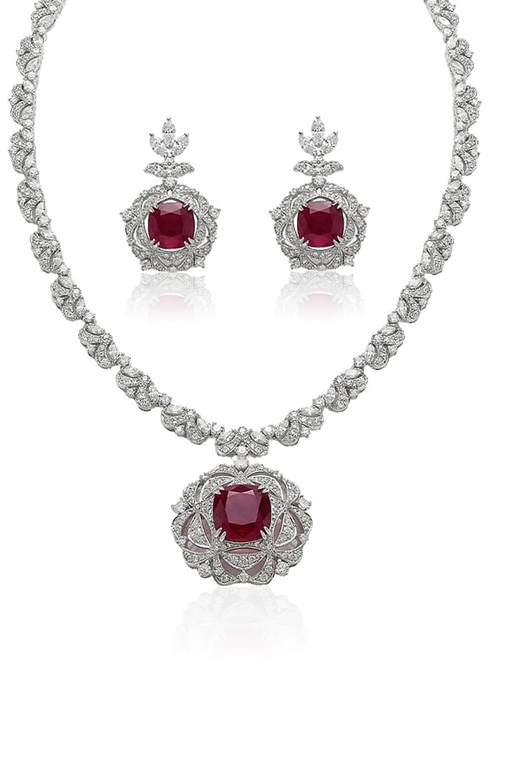 White Finish Diamond & Ruby Stone Necklace Set by Joules By Radhika at Pernia's Pop Up Shop