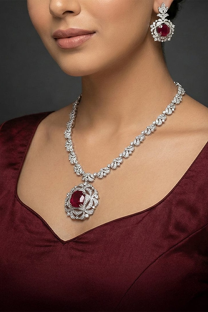 White Finish Diamond & Ruby Stone Necklace Set by Joules By Radhika at Pernia's Pop Up Shop