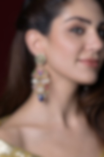 Gold Finish Multi-Colored Kundan Polki Dangler Earrings by Joules By Radhika at Pernia's Pop Up Shop