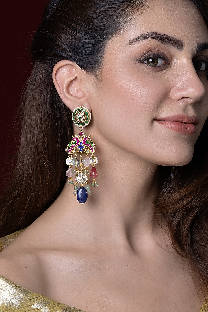 Gold Finish Multi-Colored Kundan Polki Dangler Earrings by Joules By Radhika at Pernia's Pop Up Shop