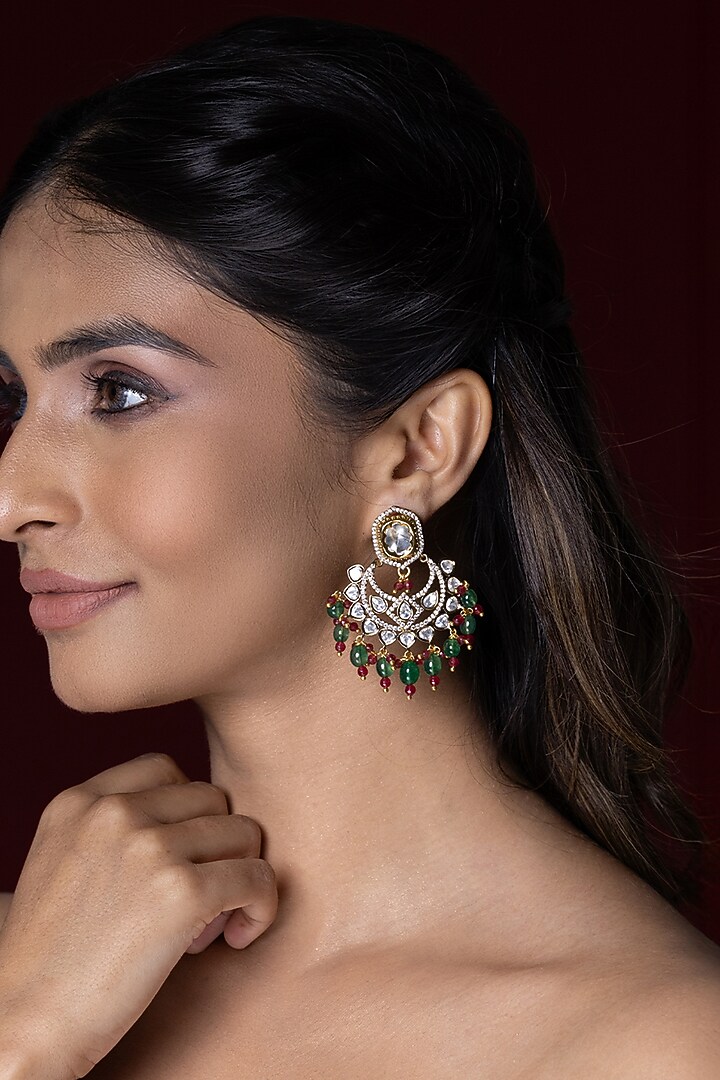 Gold Finish Kundan Polki Red & Green Beaded Dangler Earrings by Joules By Radhika at Pernia's Pop Up Shop