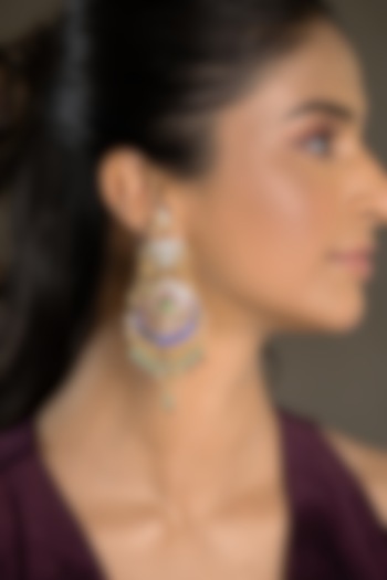 Gold Finish Blue Kundan Polki & Green Stone Dangler Earrings by Joules By Radhika at Pernia's Pop Up Shop