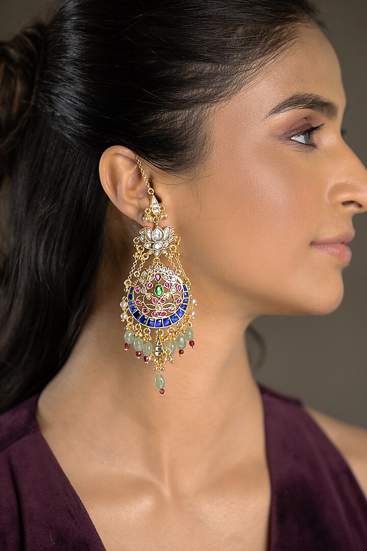 Gold Finish Blue Kundan Polki & Green Stone Dangler Earrings by Joules By Radhika at Pernia's Pop Up Shop
