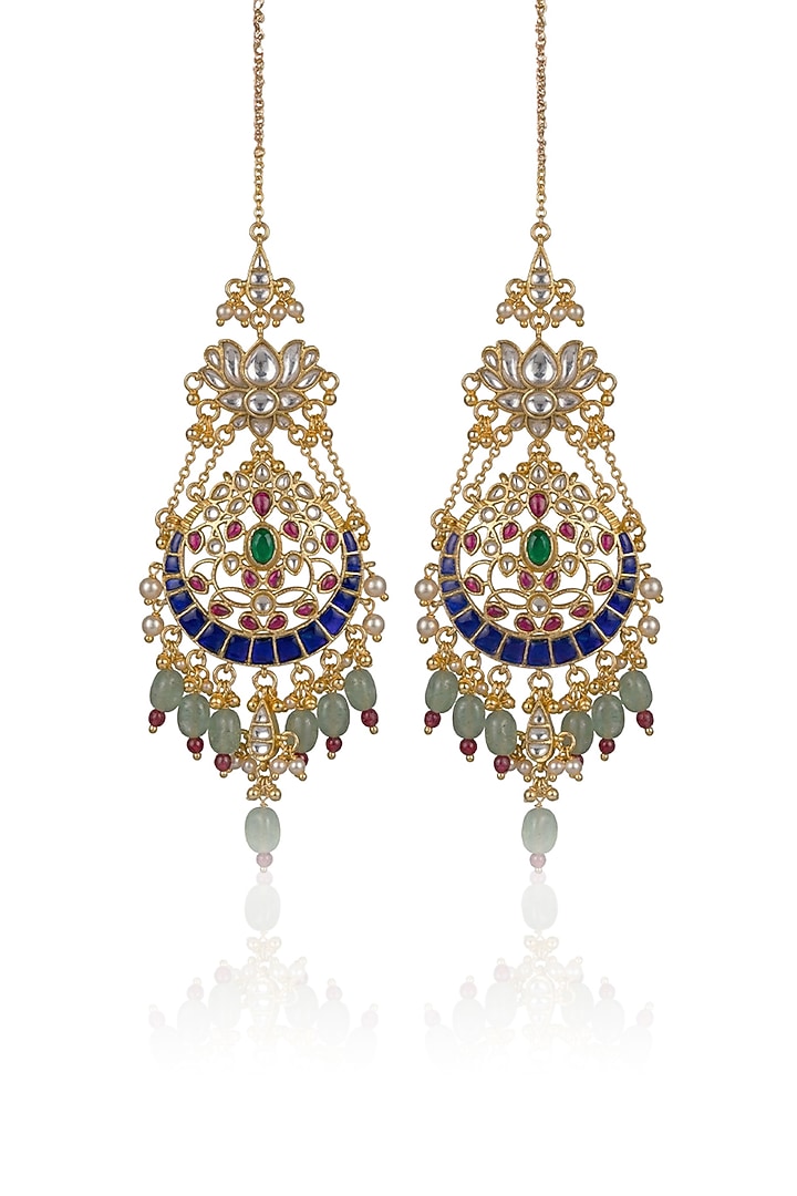 Gold Finish Blue Kundan Polki & Green Stone Dangler Earrings by Joules By Radhika at Pernia's Pop Up Shop