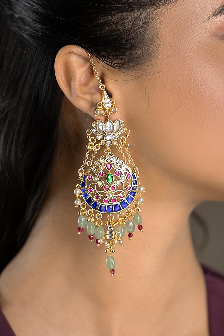 Gold Finish Blue Kundan Polki & Green Stone Dangler Earrings by Joules By Radhika at Pernia's Pop Up Shop