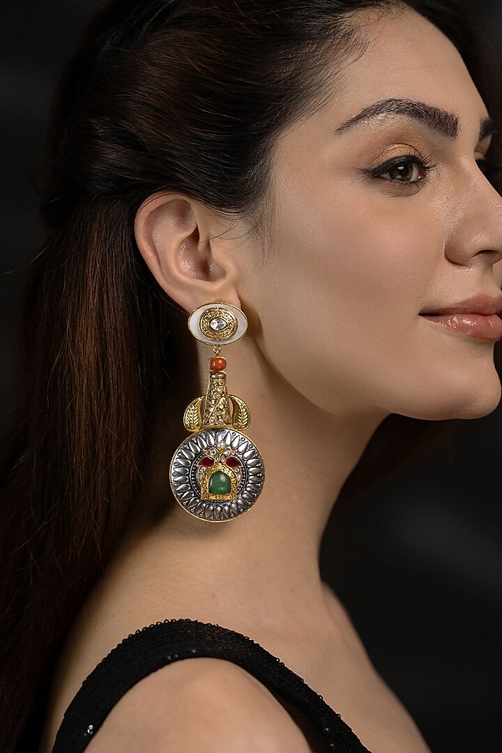 Gold Finish Blue Kundan Polki Dangler Earrings by Joules By Radhika at Pernia's Pop Up Shop